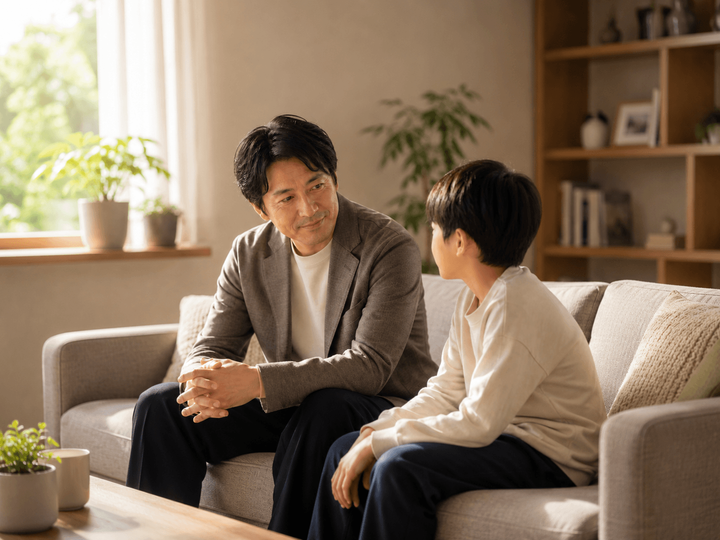 自宅のソファで親子が穏やかに話し合っている様子