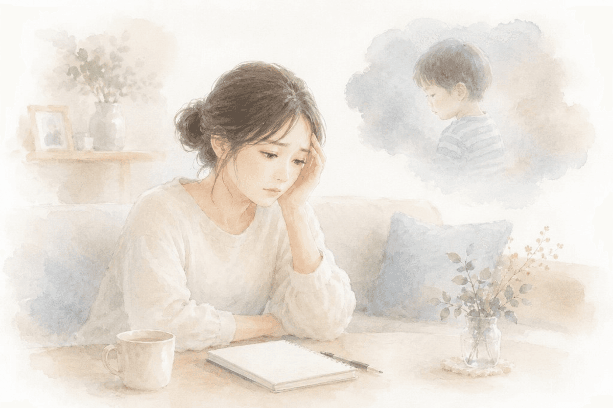 ひとりで不安を抱えやすいご家庭の様子を、やわらかいタッチで描いたイラスト